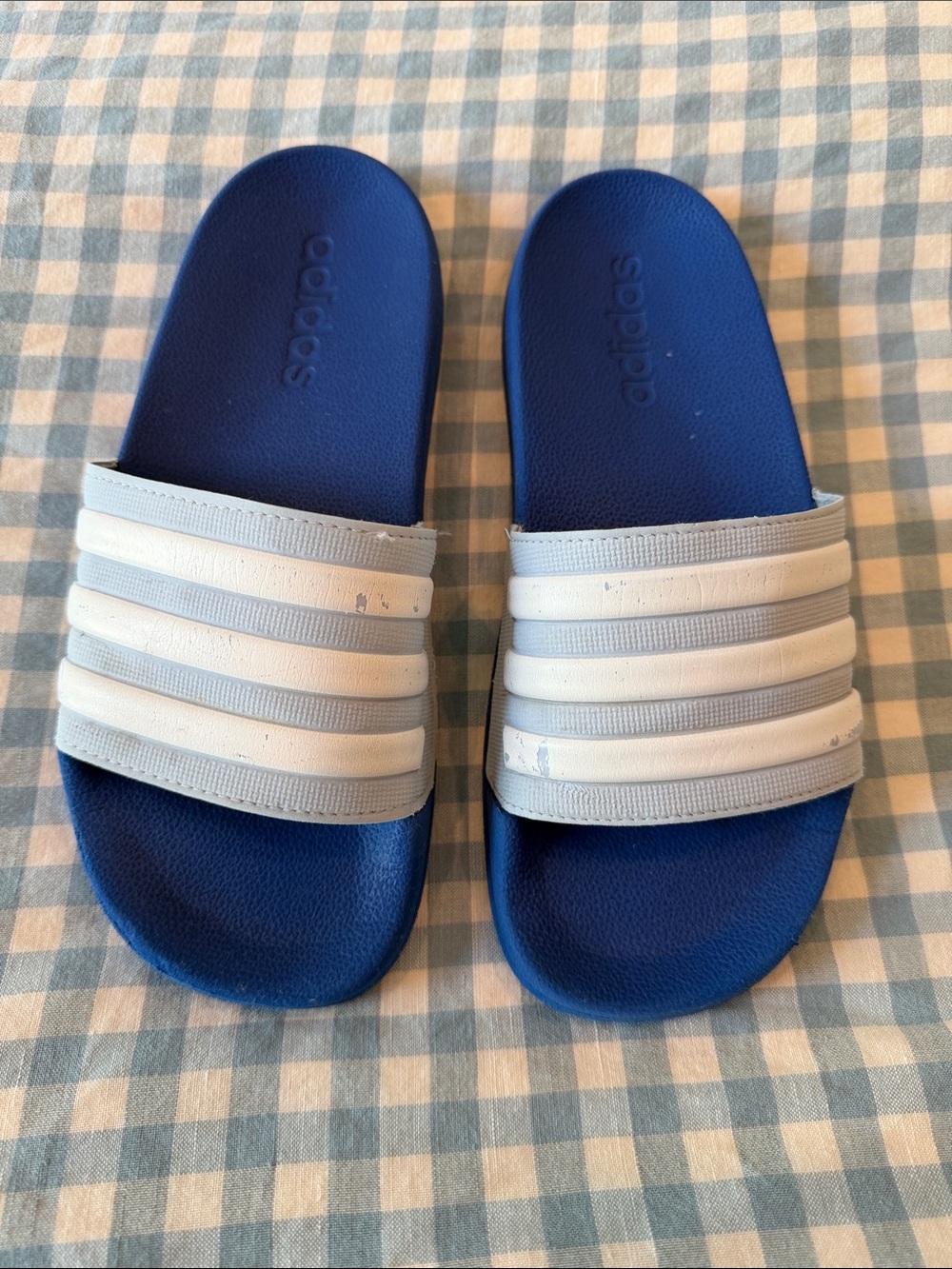 Boys adidas sport slides, light blue, royal blue and white, size 4, used cond